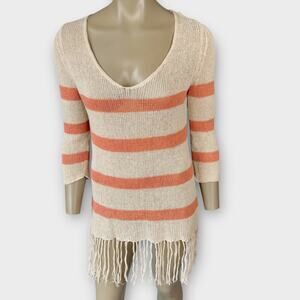 Willow & Clay Linen Blend Fringed Knit Lightweight Sweater Size S Striped Cream
